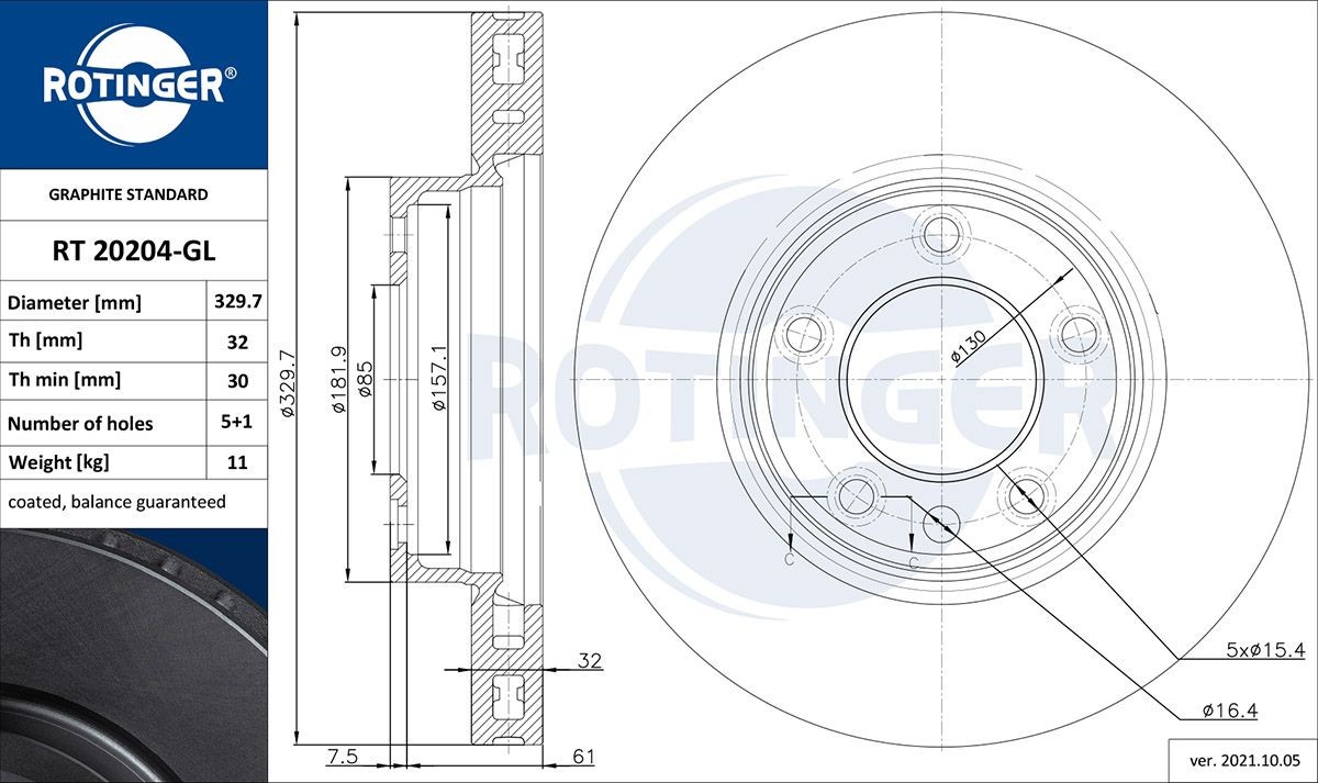 ROTINGER RT 20204-GL: Bremsscheibe GRAPHITE LINE Vorderachse links, Ø: 329,7mm, Belüftet, Ø: 329,7mm, galvanisch beschichtet