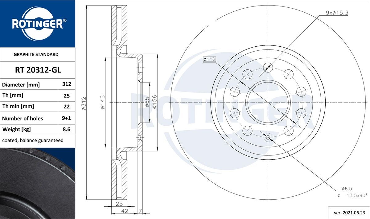 ROTINGER RT 20312-GL: Bromsskiva GRAPHITE LINE framaxel, Ø: 312mm, ventilerad, Ø: 312mm, Galvaniserad