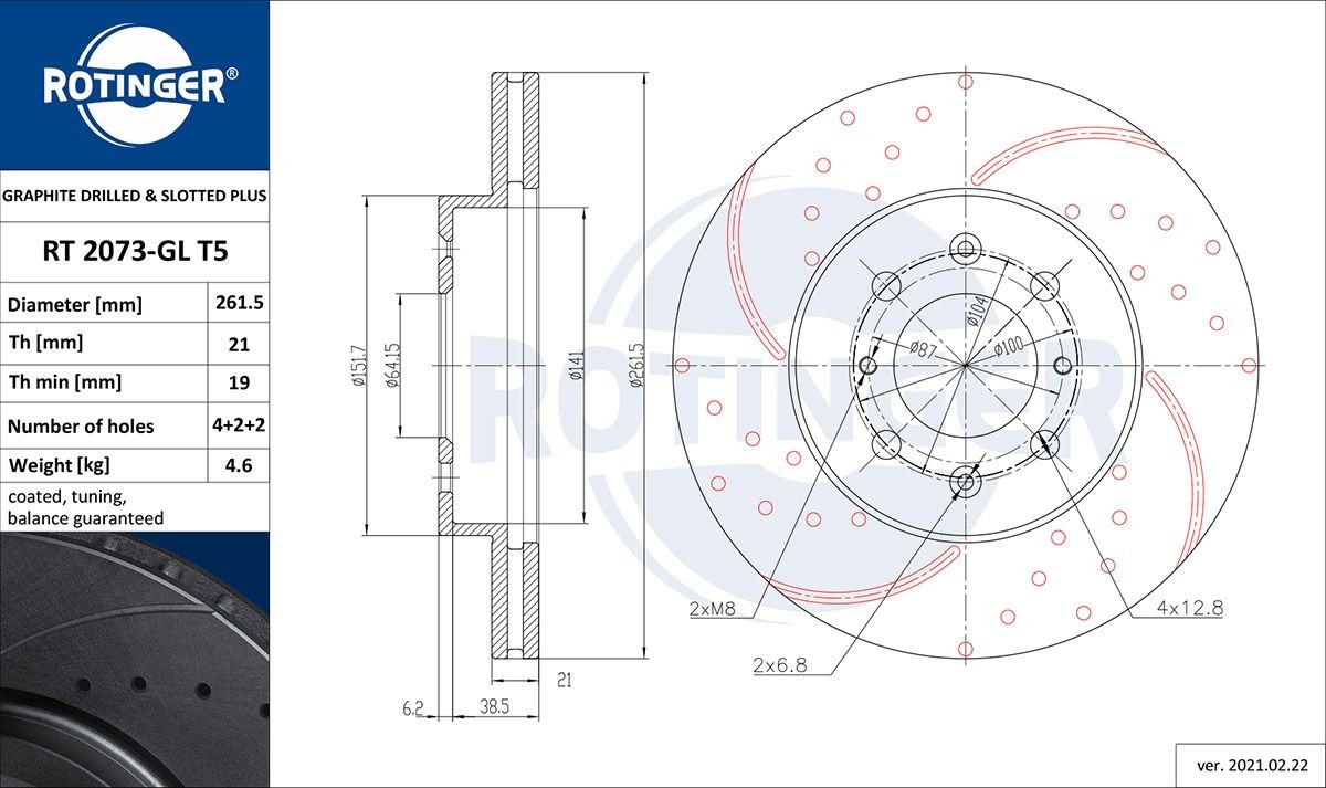 ROTINGER RT 2073-GL T5: Disco de freno GRAPHITE DRILLED & SLOTTED PLUS Eje delantero, Ø: 261,5mm, perforado, ventilado, Ø: 261,5mm, con revestimiento galvánico