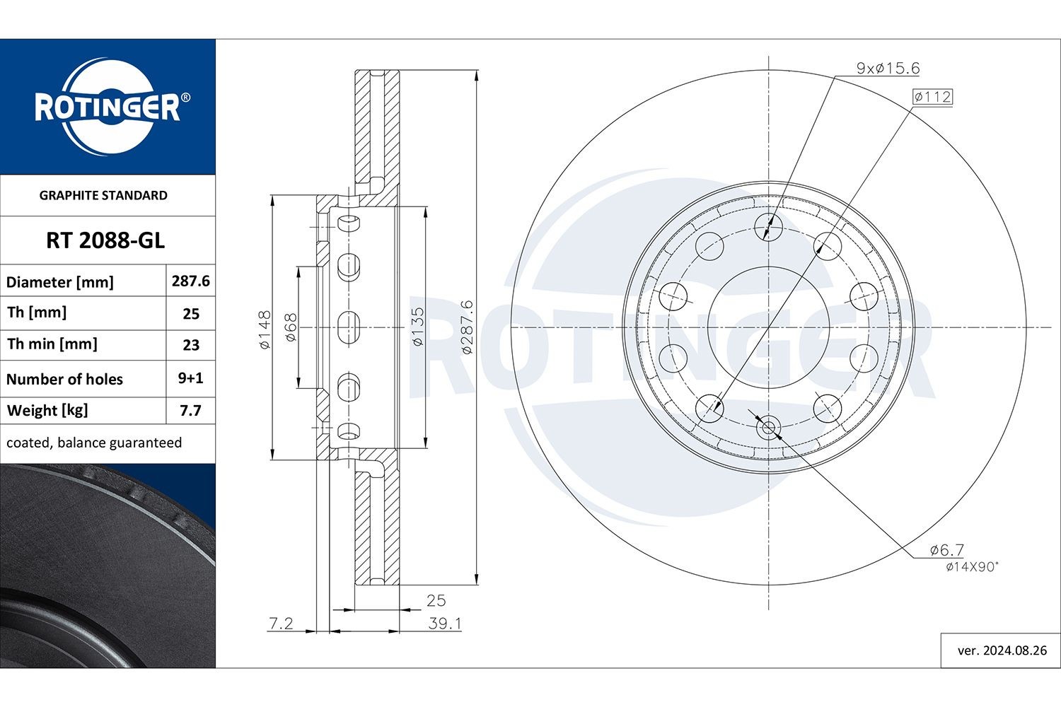 ROTINGER RT 2088-GL: Piduriketas GRAPHITE LINE Esisild, Ø: 288mm, õhutusega, Ø: 288mm, tsingitud