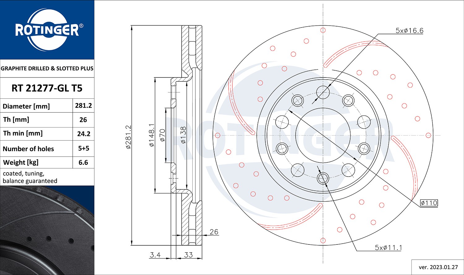 ROTINGER RT 21277-GL T5: Féktárcsa GRAPHITE DRILLED & SLOTTED PLUS elsőtengely, Ø: 281mm, Lyuggatott, Szellőztetett, Ø: 281mm, galvanikus bevonattal