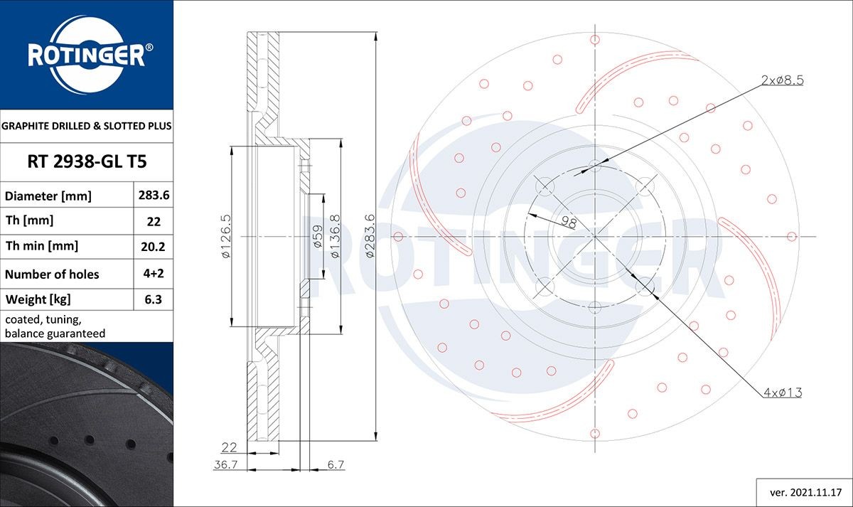 ROTINGER RT 2938-GL T5: Bremsscheibe GRAPHITE DRILLED & SLOTTED PLUS Vorderachse, Ø: 284mm, Belüftet, gelocht, Ø: 284mm, galvanisch beschichtet