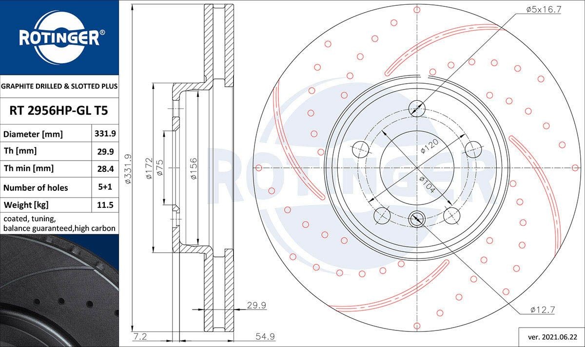 ROTINGER RT 2956HP-GL T5: Bromsskiva GRAPHITE DRILLED & SLOTTED PLUS framaxel, Ø: 332mm, ventilerad, hålad, Ø: 332mm, Galvaniserad