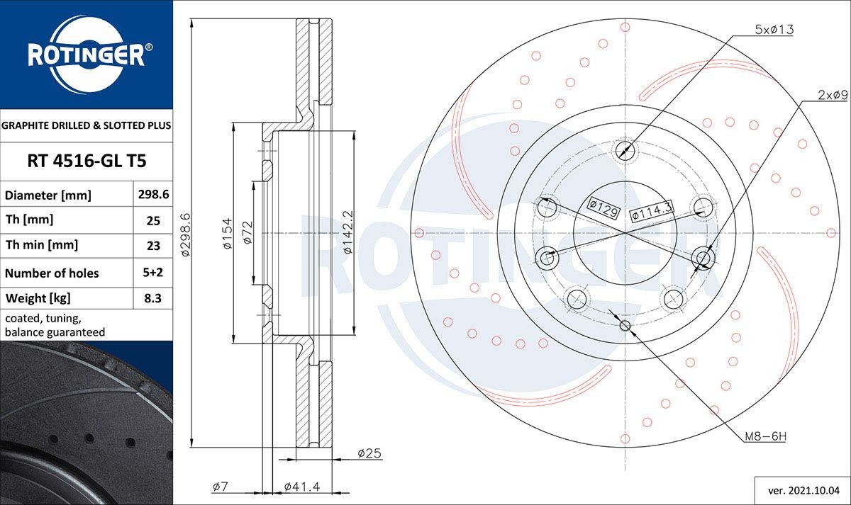 ROTINGER RT 4516-GL T5: Bromsskiva GRAPHITE DRILLED & SLOTTED PLUS framaxel, Ø: 299mm, ventilerad, hålad, Ø: 299mm, Galvaniserad