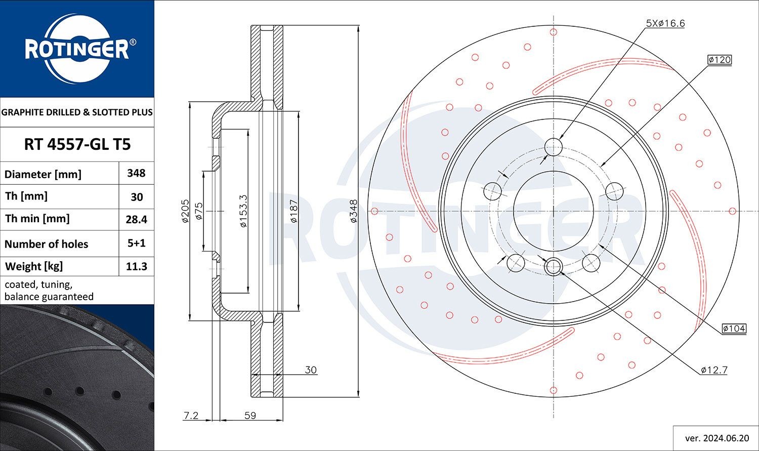 ROTINGER RT 4557-GL T5: Bromsskiva GRAPHITE DRILLED & SLOTTED PLUS framaxel, Ø: 348mm, ventilerad, hålad, Ø: 348mm, Galvaniserad
