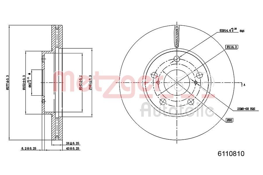 METZGER 6110810: Remschijf Vooras links, Vooras rechts, Ø: 277mm, interne ventilatie, Ø: 277mm, Gelakt, Kruislings geslepen