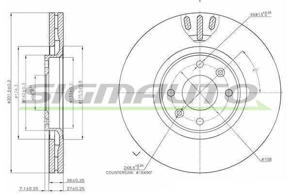 SIGMAUTO DBB442V: Remschijf Vooras, Ø: 302mm, Geventileerd, Ø: 302mm, Gelakt
