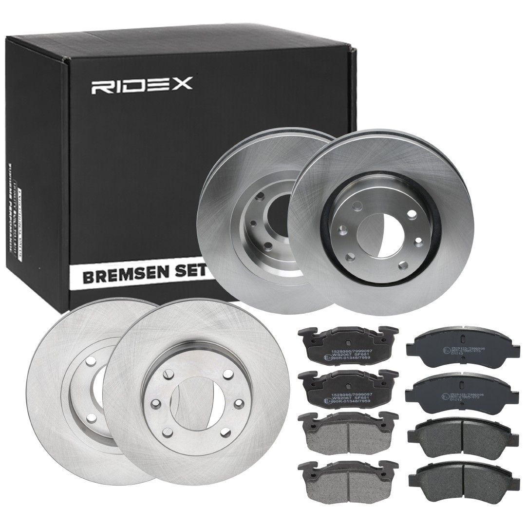 RIDEX 3405B0331: Pidurikomplekt, ketaspidur Tagasild, Esisild, Ø: 266mm, välisõhutus, täis