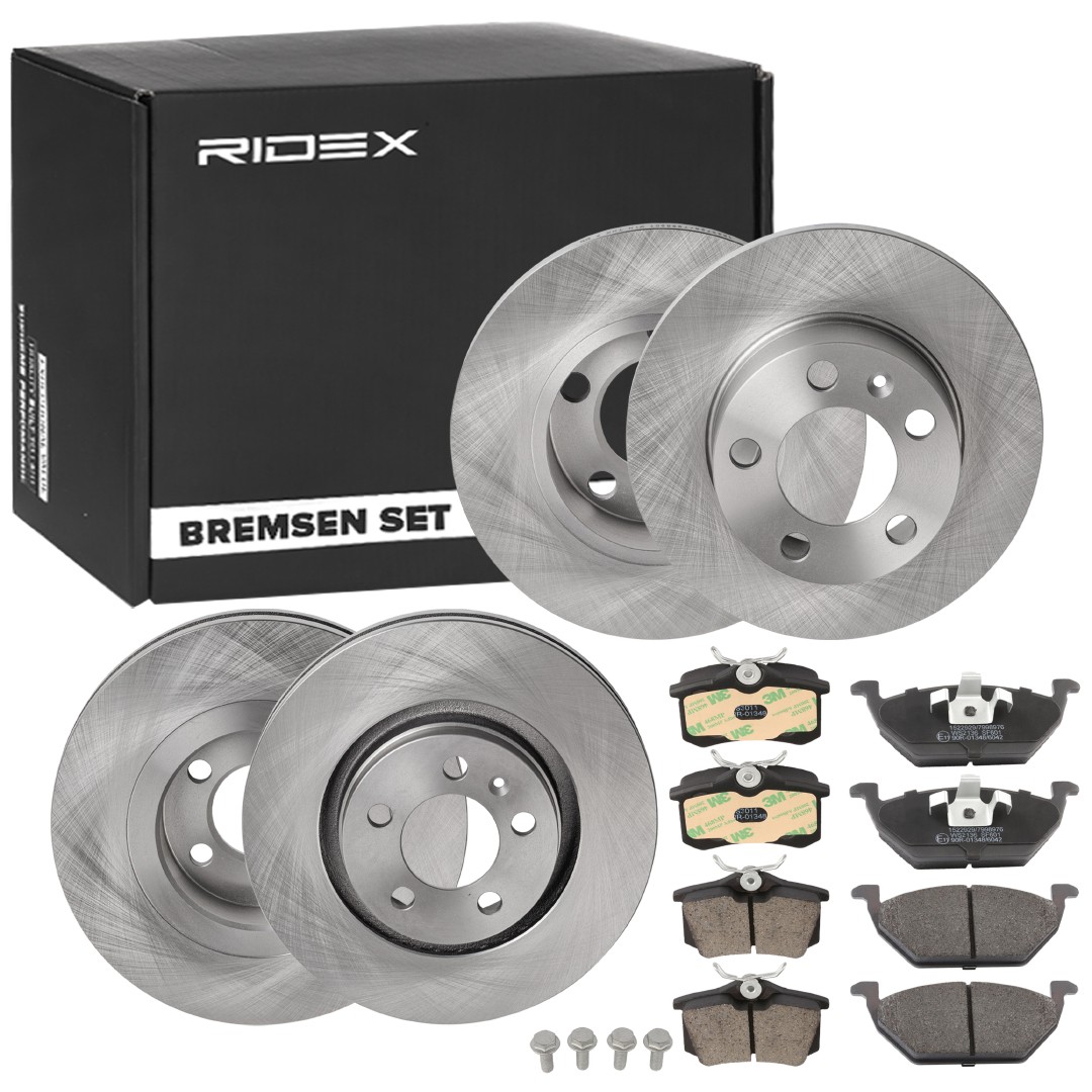 RIDEX 3405B0343: Bremsscheiben und -beläge Hinterachse, Vorderachse, Ø: 230, 280mm, voll, innenbelüftet