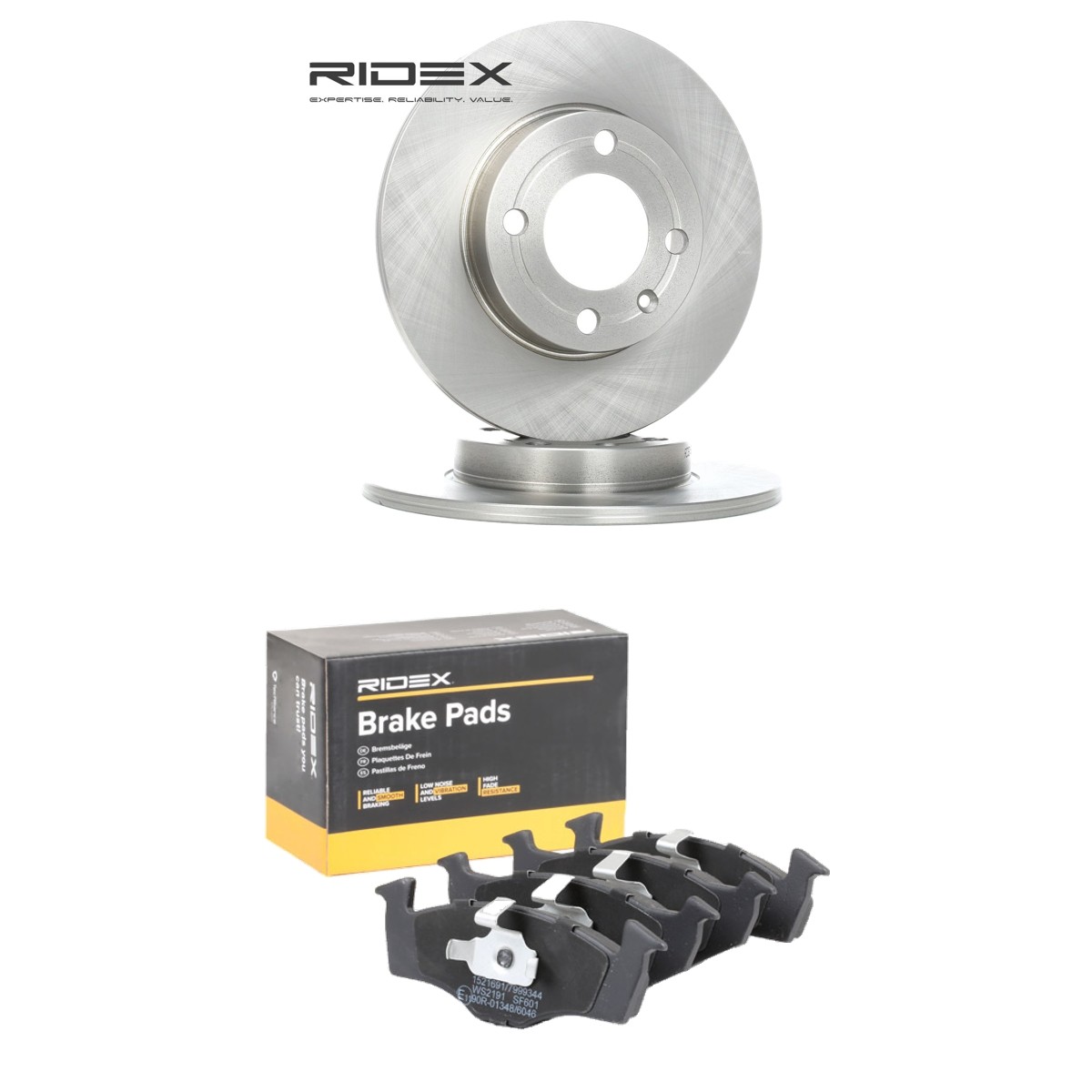 RIDEX 3405B0355: Kit de discos de freno y pastillas Eje delantero, Ø: 239mm, macizo