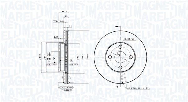 MAGNETI MARELLI 360406053401: Bremžu diski Ø: 255mm, ar iekšējo ventilāciju, Ø: 255mm, UV lakas pārklājums