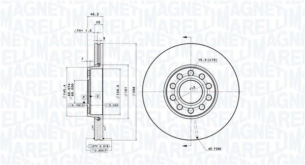 MAGNETI MARELLI 360406063901: Piduriketas Ø: 288mm, sisemine õhutus, Ø: 288mm, kaetud UV-lakiga