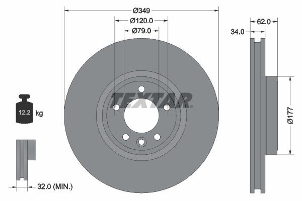 TEXTAR 92307605: Remschijf PRO+ Ø: 349mm, interne ventilatie, Ø: 349mm, Gecoat, Zonder wielnaaf, Zonder wiellager, Zonder wielbevestigingsbout