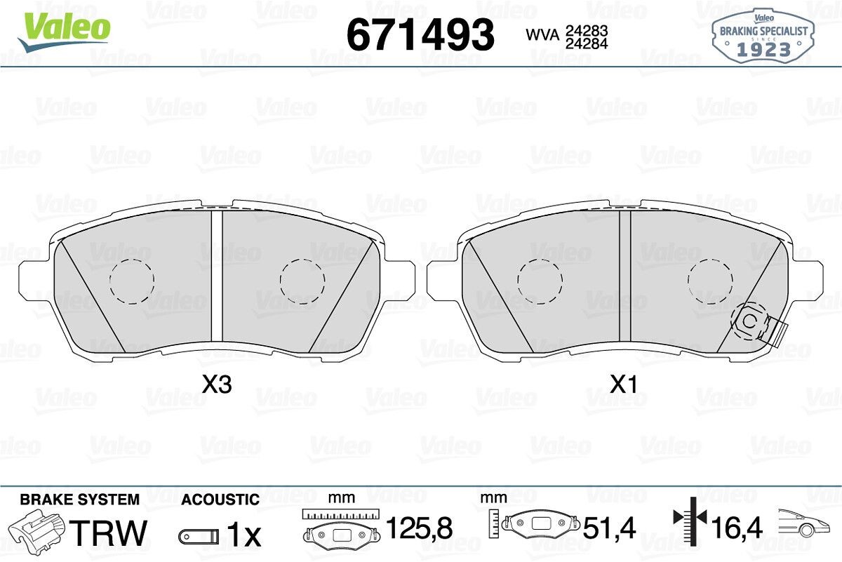 VALEO 671493: Juego de pastillas de freno RANGE 1923 Eje delantero, sin tornillos, sin chapa antichirridos