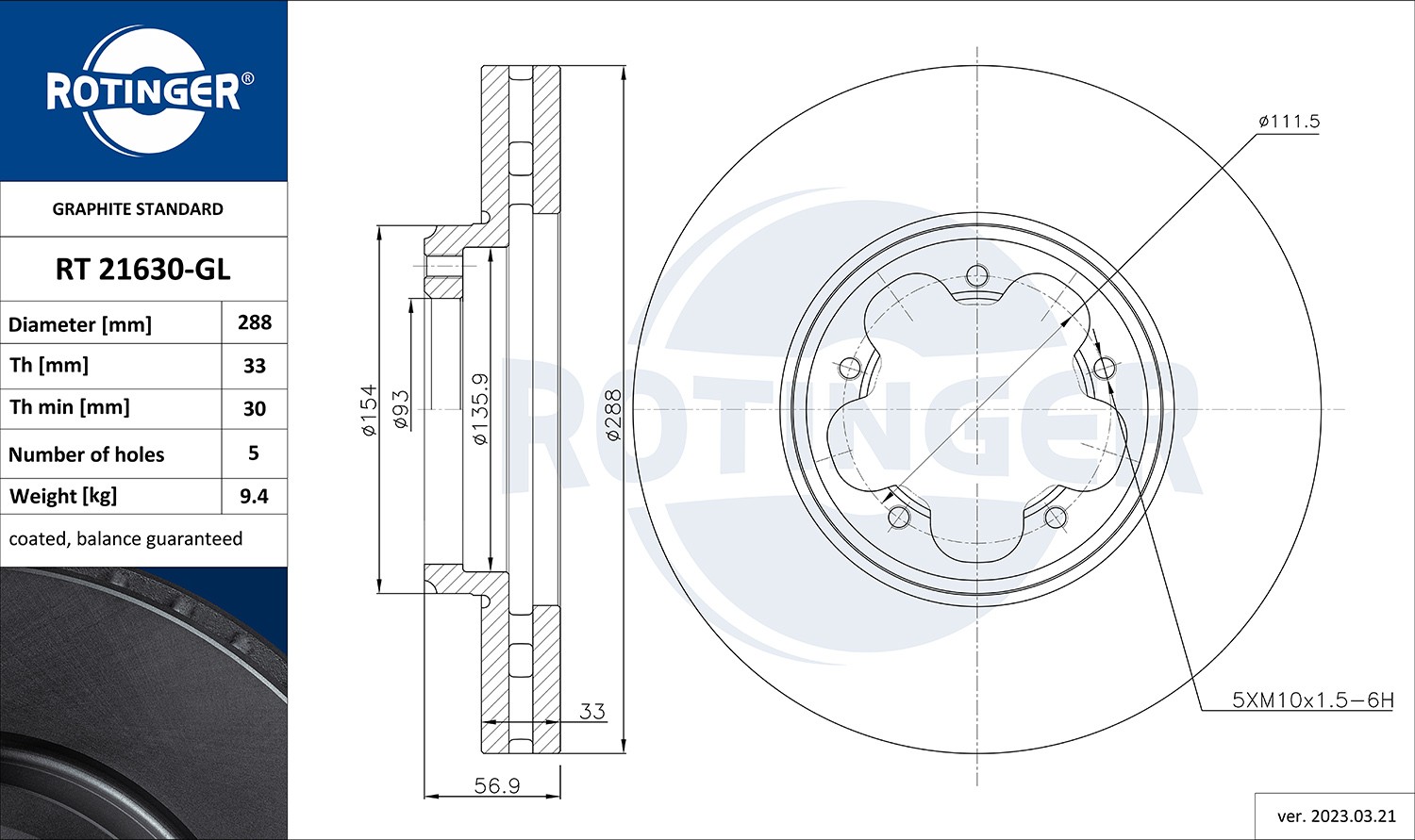 ROTINGER RT 21630-GL: Remschijf GRAPHITE LINE Vooras, Ø: 288mm, Geventileerd, Ø: 288mm, Gegalvaniseerd