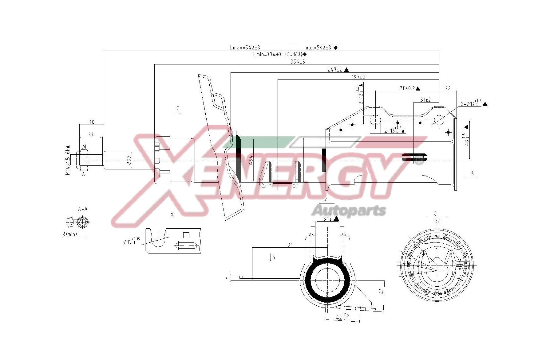 AP XENERGY X372339 Stoßdämpfer Vorderachse links, Gasdruck, Dämpfer mit Zuganschlagfeder, Federbein