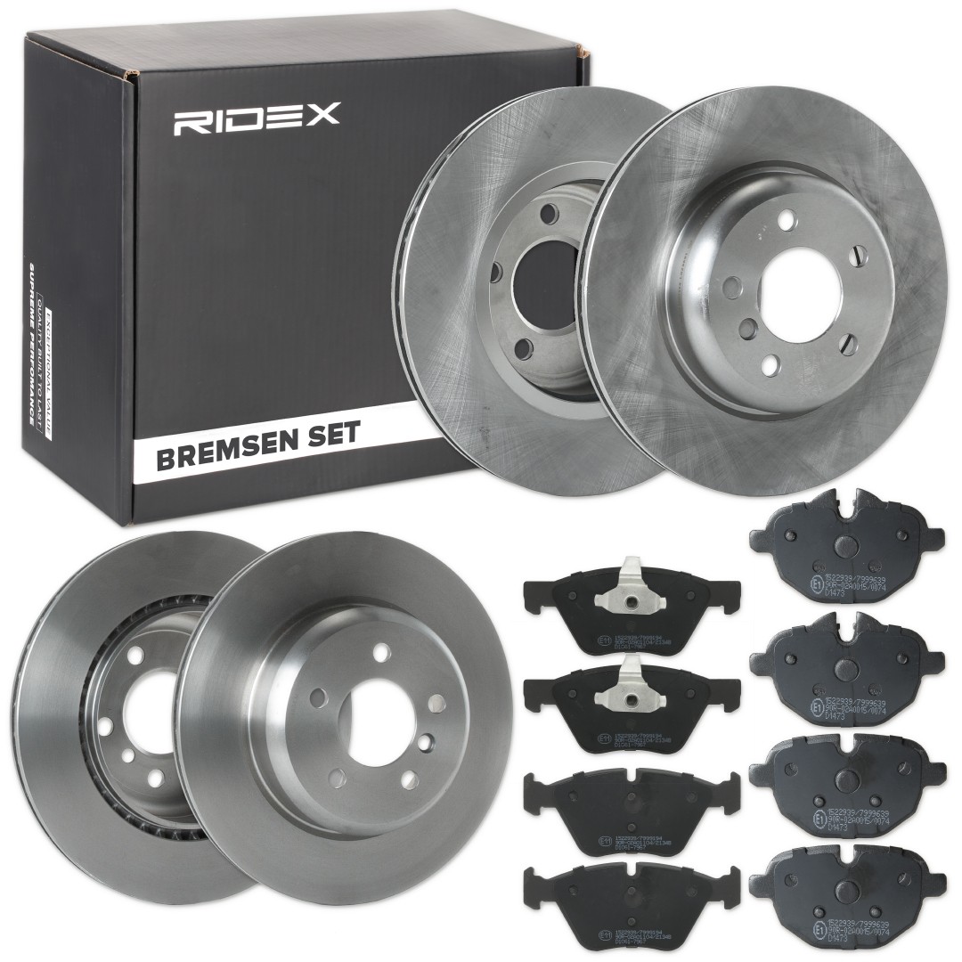 RIDEX 3405B0504: Bromssats, skivbroms framaxel, Bakaxel, Ø: 330,0mm, ventilerad invändigt, tvådelad bromsskiva, utan hjulvnav, utan hjulbultar, med kolvlåsningar