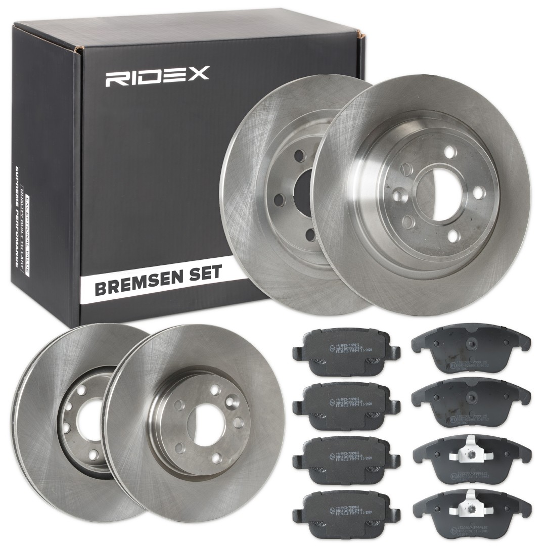 RIDEX 3405B0508: Bremžu komplekts, Disku bremzes Priekšējais tilts, Aizmugurējais tilts, Ø: 300, 300,0, 302,0mm, ventilējams, pilnīgi, ar virzuļa fiksatoru, ar piespiedējplāksni