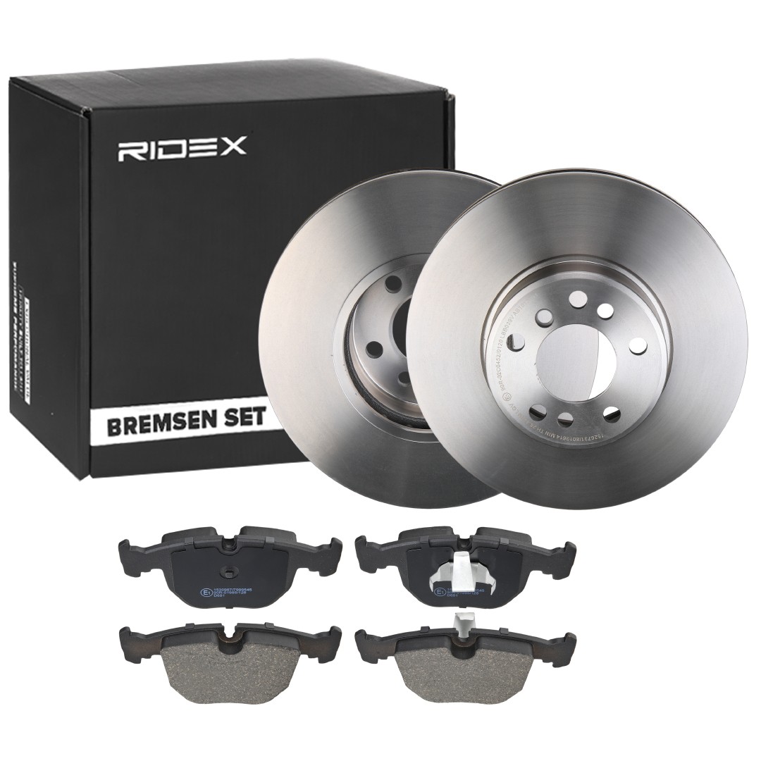 RIDEX 3405B0942: Disques et plaquettes de freins Essieu avant, Ø: 332,0mm, ventilé de l'intérieur, avec clip de piston