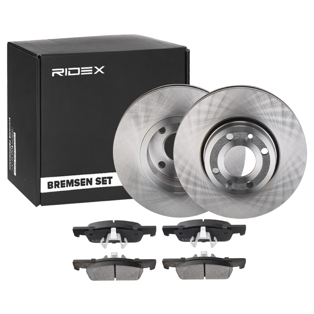 RIDEX 3405B1370: Disques et plaquettes de freins Essieu avant, Ø: 258,0mm, ventilé de l'extérieur, avec clip de piston