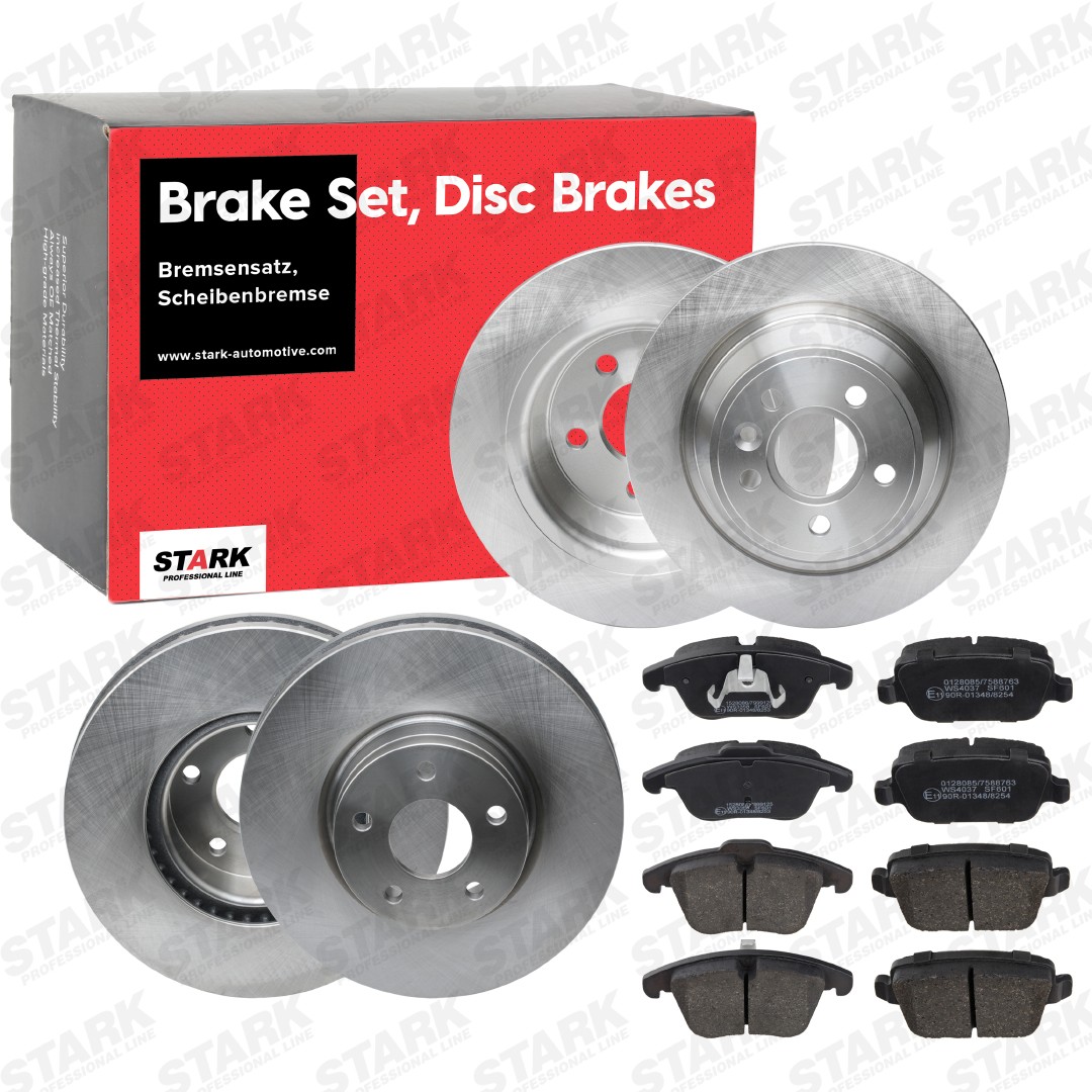 STARK SKBK-10991657: Fék készlet, tárcsafék elsőtengely, hátsótengely, Ø: 300,0, 302,0mm, belső hűtésű, dugattyú sasszeggel, csikorgásgátló lemezzel