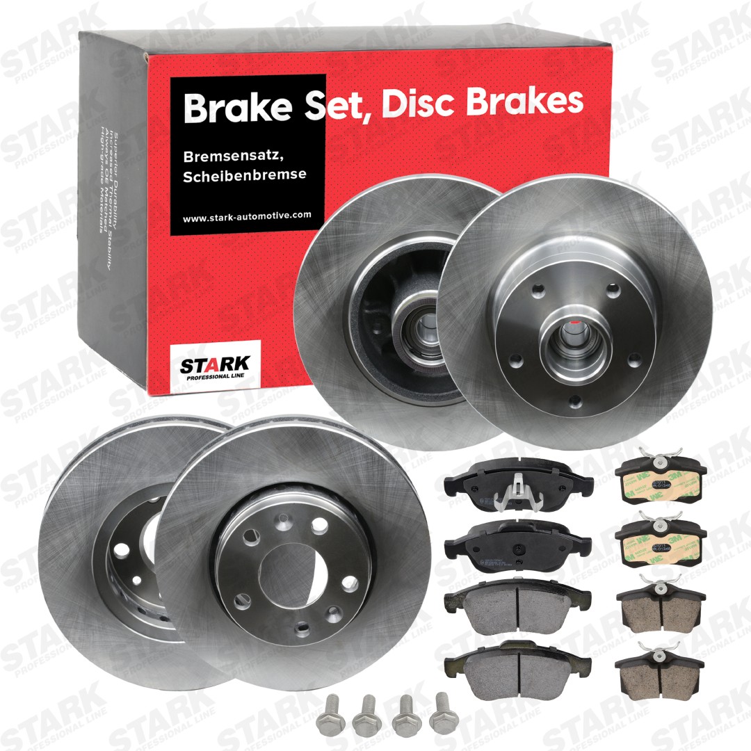 STARK SKBK-10991700: Bremsscheiben und -beläge Vorderachse, Hinterachse, Ø: 260,0mm, außenbelüftet, voll, ohne Radnabe, mit Kolbenclip, mit integriertem Radlager