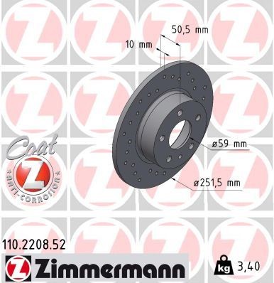 ZIMMERMANN 110.2208.52: Bremsscheibe Hinterachse, Ø: 252mm, voll, gelocht, Ø: 252mm, beschichtet SPORT COAT Z