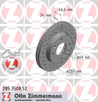 ZIMMERMANN 285.3508.52: Disque de frein Ø: 257mm, ventilé de l'intérieur, perforé, Ø: 257mm, revêtu SPORT COAT Z