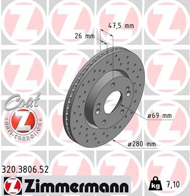 ZIMMERMANN 320.3806.52: Bremžu diski Priekšējais tilts, Ø: 280mm, ar iekšējo ventilāciju, ar urbumiem, Ø: 280mm, pārklāts SPORT COAT Z