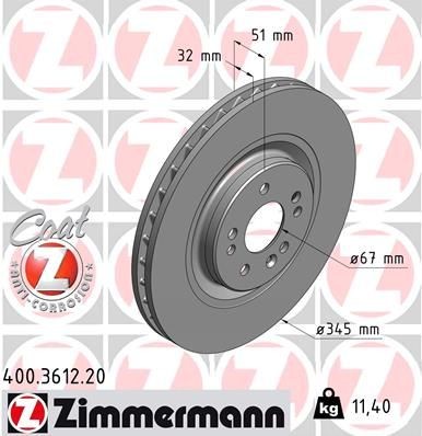 ZIMMERMANN 400.3612.20: Bremseskive foraksel, Ø: 345mm, indvendigt ventileret, Ø: 345mm, coatet COAT Z