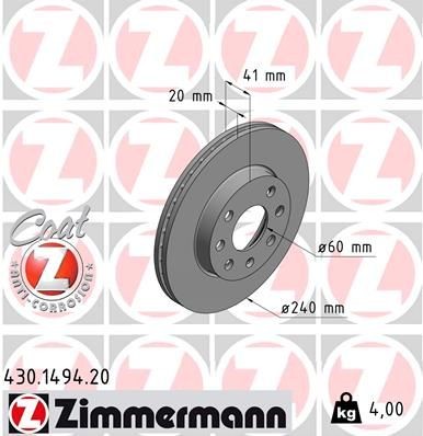ZIMMERMANN 430.1494.20: Bremžu diski Priekšējais tilts, Ø: 240mm, ar iekšējo ventilāciju, Ø: 240mm, pārklāts COAT Z