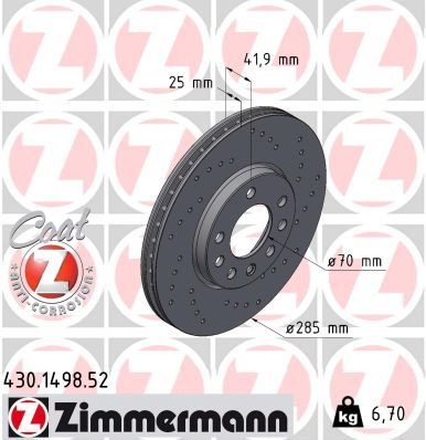 ZIMMERMANN 430.1498.52: Bremžu diski Priekšējais tilts, Ø: 285mm, ar iekšējo ventilāciju, ar urbumiem, Ø: 285mm, pārklāts SPORT COAT Z