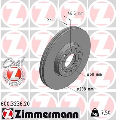ZIMMERMANN 600.3236.20: Δισκόπλακα μπροστινός άξονας, Ø: 288mm, εξωτερικά αεριζόμενο, Ø: 288mm, με επίστρωση COAT Z