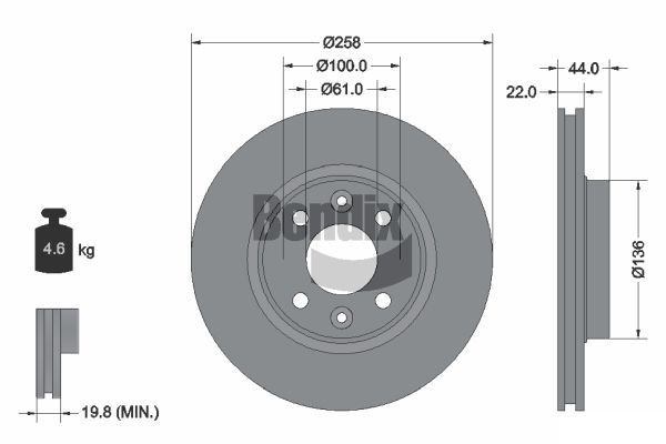 BENDIX Braking BDS1008: Bromsskiva Ø: 258mm, ventilerad invändigt, Ø: 258mm, belagd, utan hjulvnav, utan hjullager, utan hjulbultar