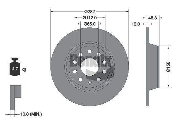 BENDIX Braking BDS1031: Tarcza hamulcowa Ø: 282[mm], pełny, Ø: 282[mm], pokryty, bez piasty koła, bez łożyska koła, bez sworznia mocującego koła