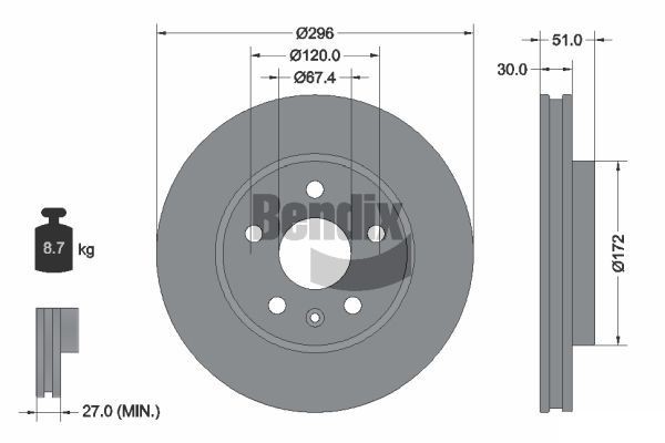 BENDIX Braking BDS1093HC: Remschijf Ø: 296mm, interne ventilatie, Ø: 296mm, Gecoat, Zonder wielnaaf, Zonder wiellager, Zonder wielbevestigingsbout