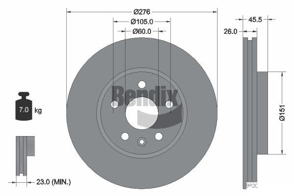 BENDIX Braking BDS1150: Bremžu diski Ø: 276mm, ar iekšējo ventilāciju, Ø: 276mm, pārklāts, bez riteņa rumbas, bez riteņa rumbas gultņa, bez riteņu stiprināšanas skrūvēm