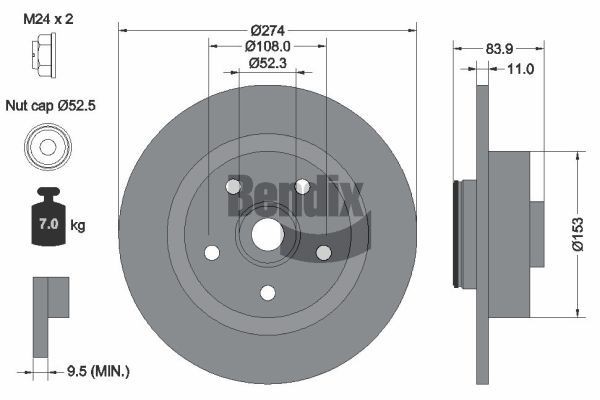 BENDIX Braking BDS1211: Tarcza hamulcowa Ø: 274[mm], pełny, Ø: 274[mm], z nakrętką osiową, pokryty, ze zintegrowanym magnet. pierścieniem nadajnika impulsów, z łożyskiem koła, bez sworznia mocującego koła, z piastą