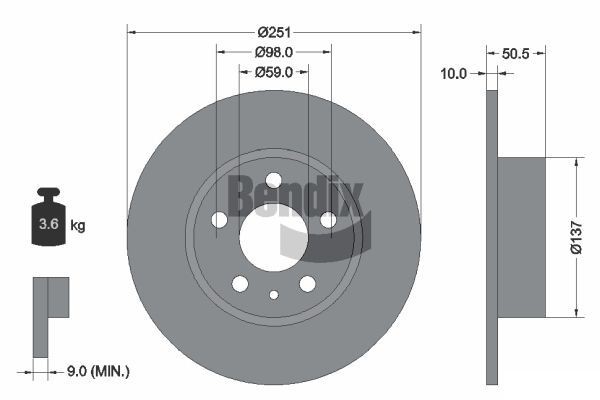 BENDIX Braking BDS1233: Bremsscheibe Ø: 251mm, voll, Ø: 251mm, beschichtet, ohne Radnabe, ohne Radlager, ohne Radbefestigungsbolzen