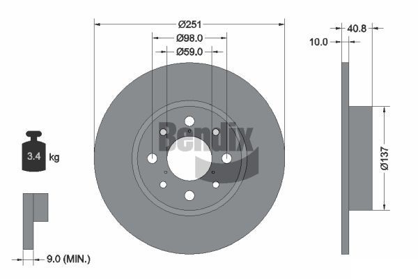 BENDIX Braking BDS1317: Bremsscheibe Ø: 251mm, voll, Ø: 251mm, beschichtet, ohne Radnabe, ohne Radlager, ohne Radbefestigungsbolzen