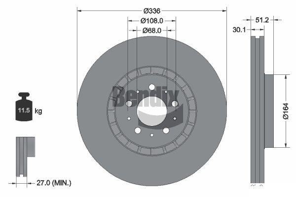 BENDIX Braking BDS1681HC: Bremžu diski Ø: 336mm, ar ārējo ventilāciju, Ø: 336mm, pārklāts, bez riteņa rumbas, bez riteņa rumbas gultņa, bez riteņu stiprināšanas skrūvēm