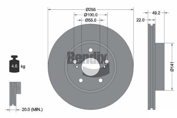 BENDIX Braking BDS1687: Disque de frein Ø: 255mm, ventilé de l'intérieur, Ø: 255mm, revêtu, sans moyeu de roue, sans roulement de roue, sans boulon de fix° de roue