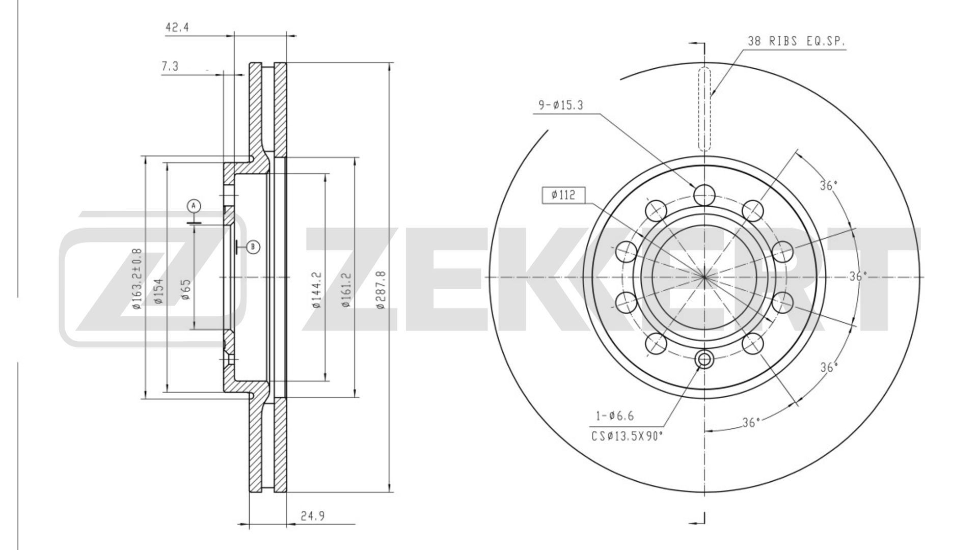ZEKKERT BS-5043B: Remschijf Ø: 288mm, Geventileerd, Ø: 288mm