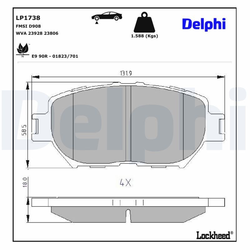 DELPHI LP1738: Fékbetét készlet, tárcsafék Tartozékok nélkül, csikorgásgátló lemezzel