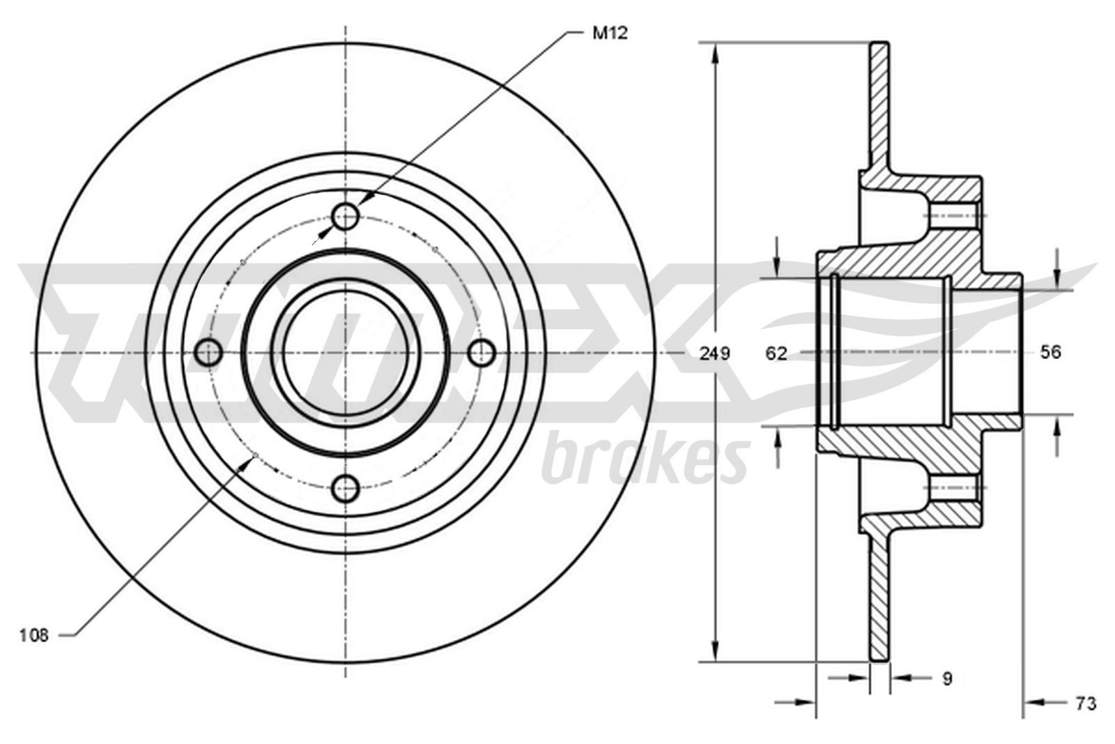 TOMEX brakes TX 73-611: Bremžu diski Aizmugurējais tilts, Ø: 249mm, pilnīgi, Ø: 249mm, lakots, ar riteņa rumbas gultni, ar ABS devēja gredzenu