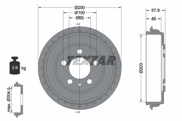 TEXTAR 94048200: Спирачен барабан 250mm, без колесна главина, без колесен лагер, без болтове за закрепване на колелата