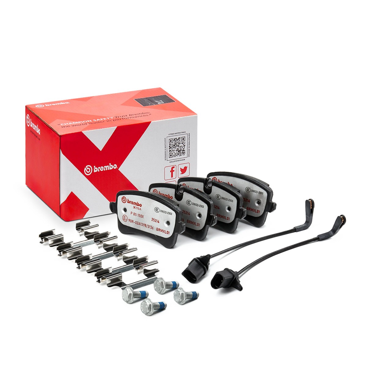 BREMBO P 85 150X: Bremsbeläge XTRA LINE mit Zubehör, mit Bremssattelschrauben, mit Anti-Quietsch-Blech Xtra