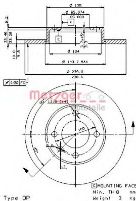 METZGER 16400 E: Piduriketas Ø: 239mm, täis, koos turvakruvide kopmlektiga, CST216