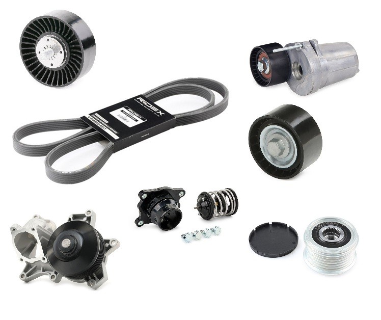 RIDEX 3096W0461: Wasserpumpe + Zahnriemensatz mit Spannarm, Spannrolle, mit Dichtungen, mit Wasserpumpe, mit Schrauben, mit Riemen, mit Thermostat