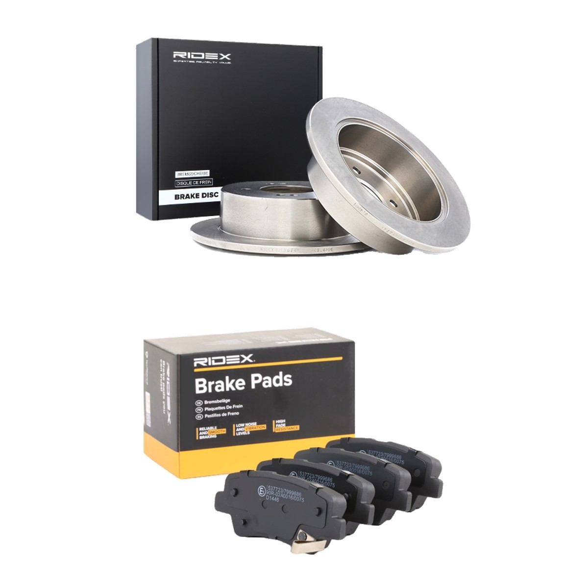 RIDEX 3405B2386: Bremsscheiben und -beläge Hinterachse, Ø: 262,0mm, voll
